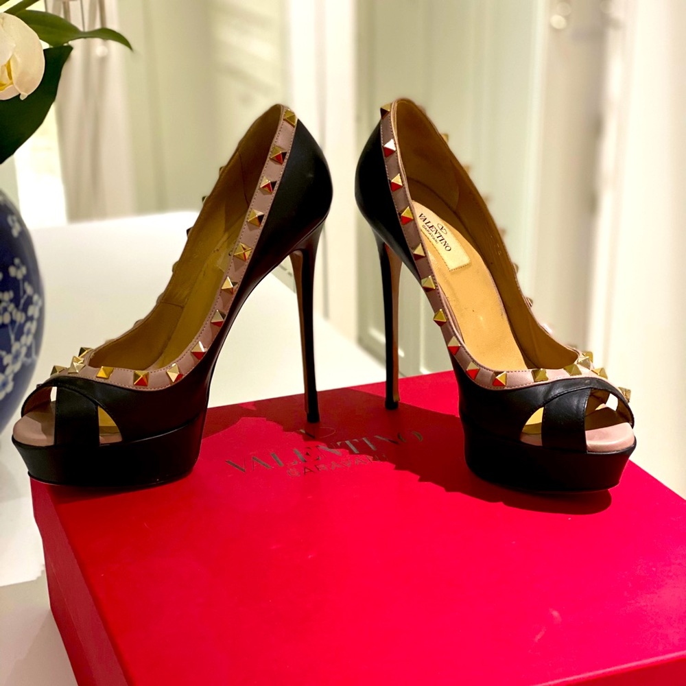 Valentino Leather Rockstud Peep Toe Stiletto Pump